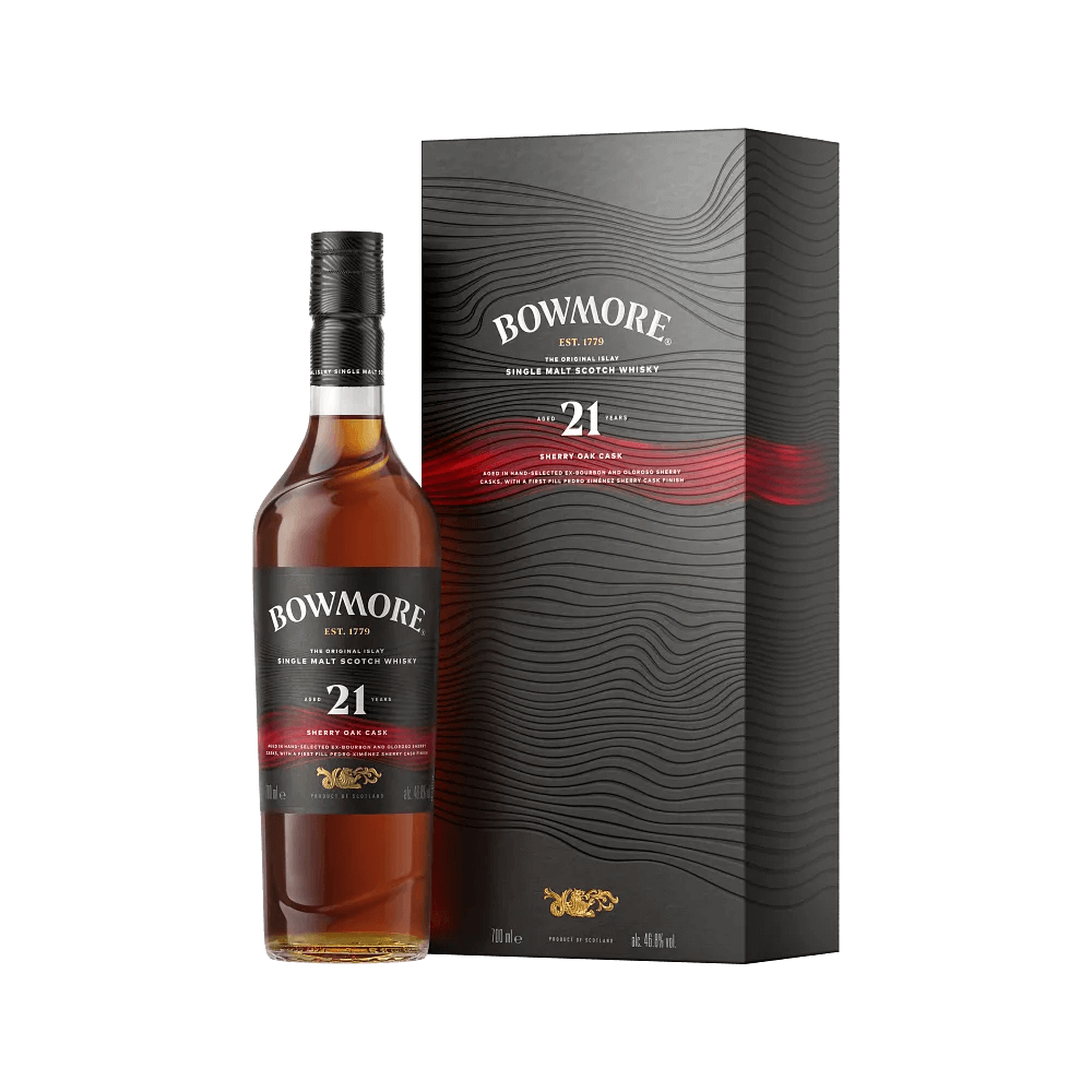 Oplev Bowmore 21 Years lagret på sherryfade Flaske og Boks