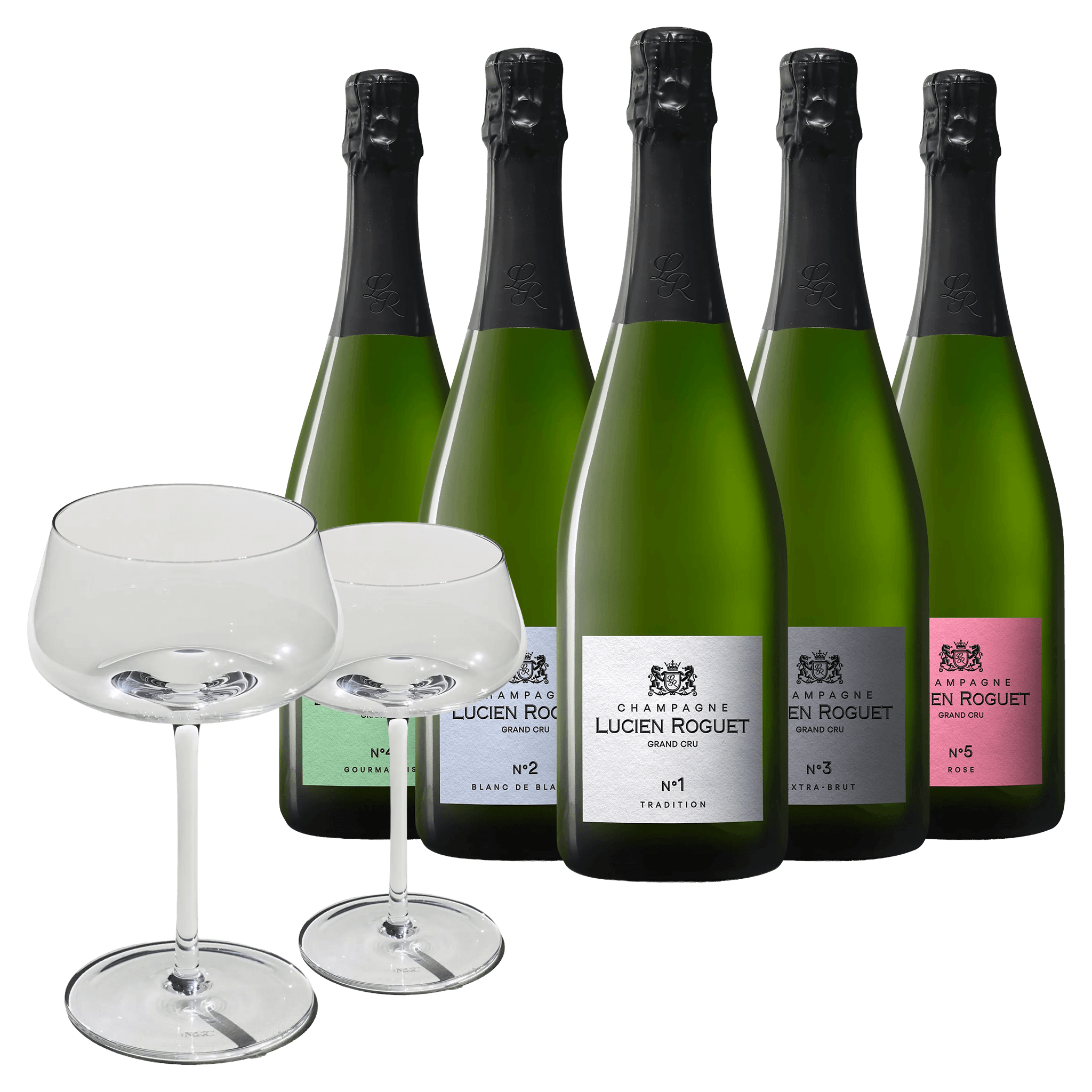 5 fl. Lucien Roguet Champagne + 2 stk. Beyond Bubbly Coupe Glas
