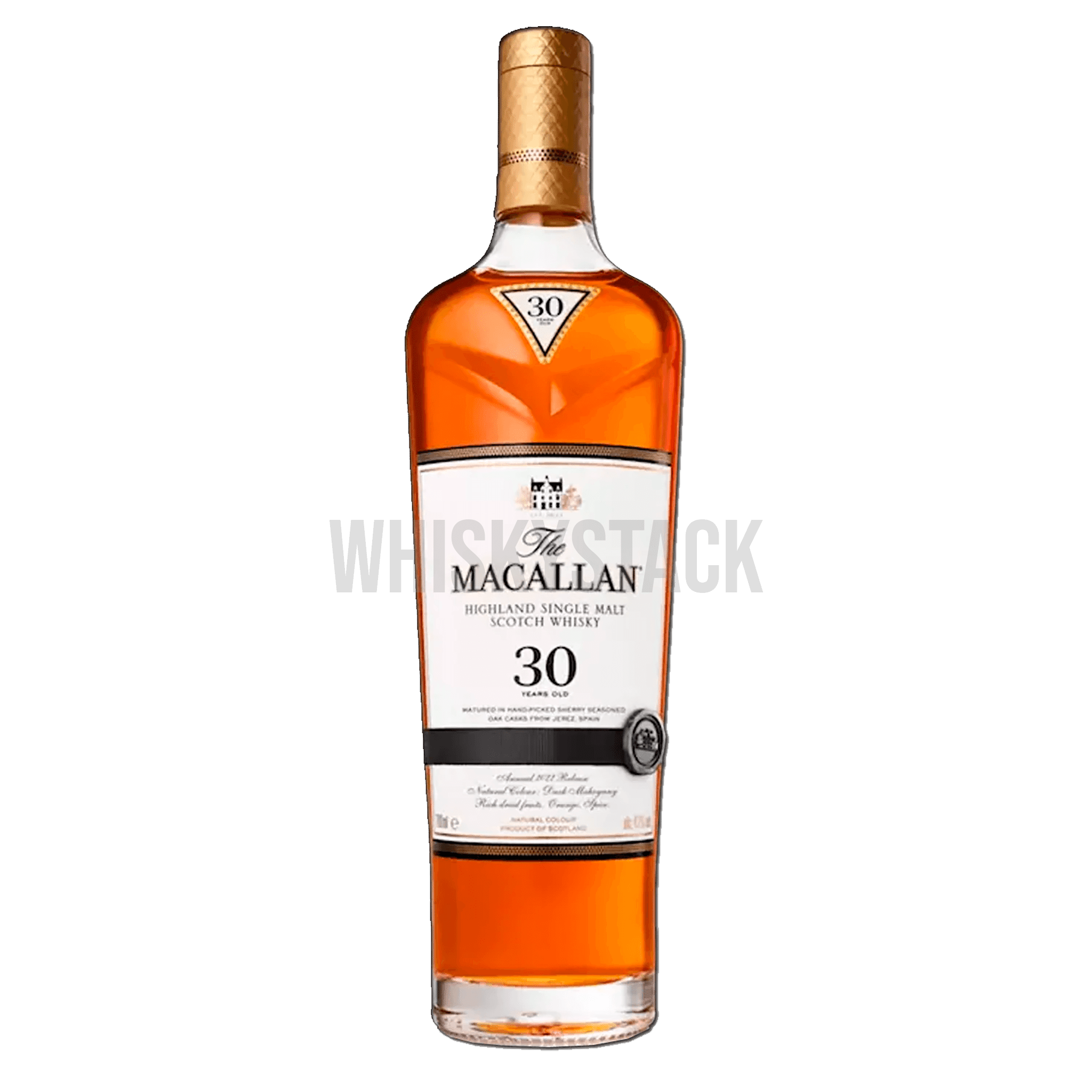 Flaske af The Macallan Sherry Oak 30 Years Old præsenteret med sin karakteristiske dybe mahognifarve og elegant etiket, symboliserende dens rige og komplekse smagsprofil modnet i sherryfade