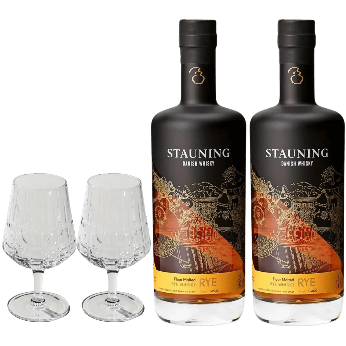 2 flasker Stauning Rye + 2 The Bullet Whiskyglas fra The Mancave