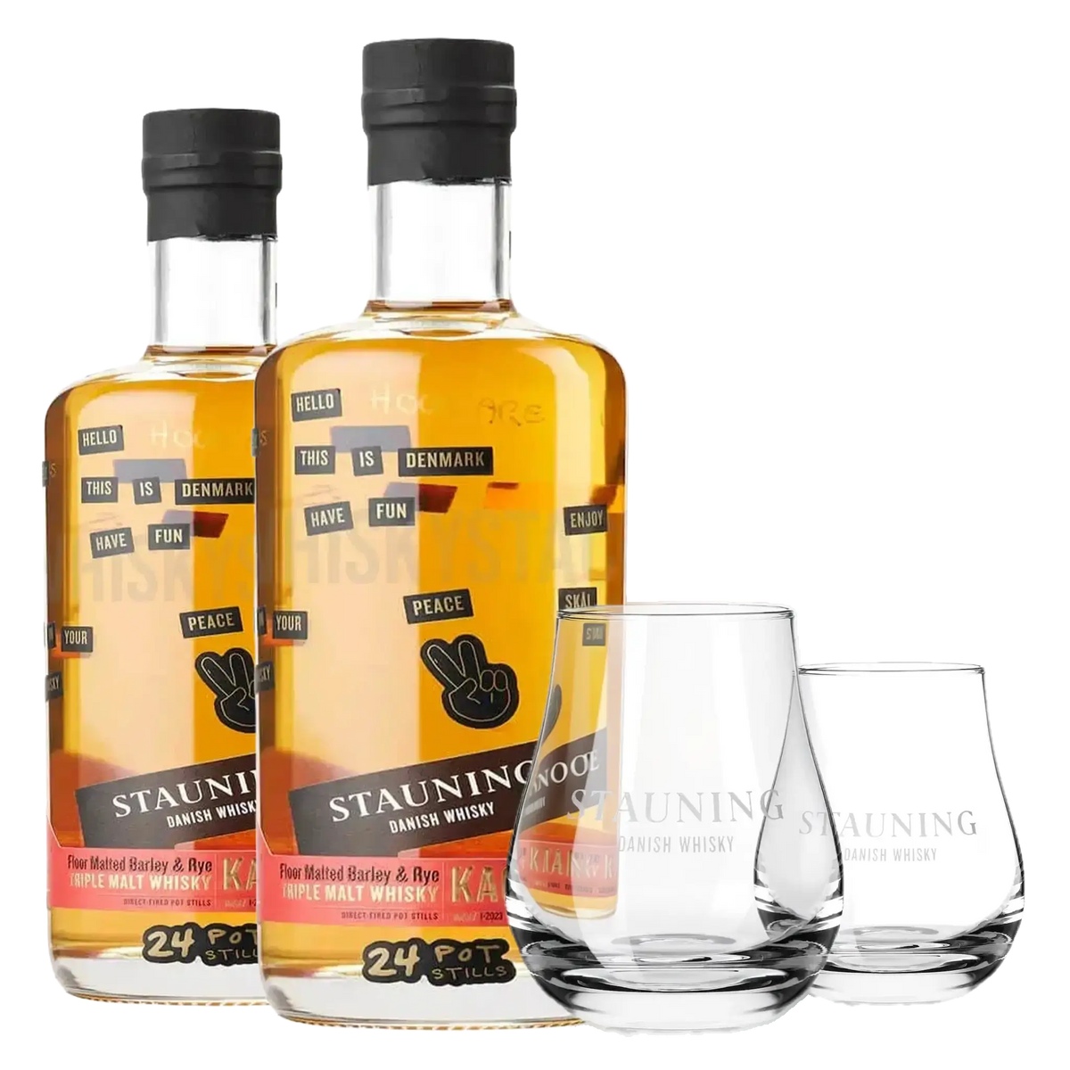 2 fl. Stauning KAOS Design Edition + 2 stk. Stauning Whiskyglas