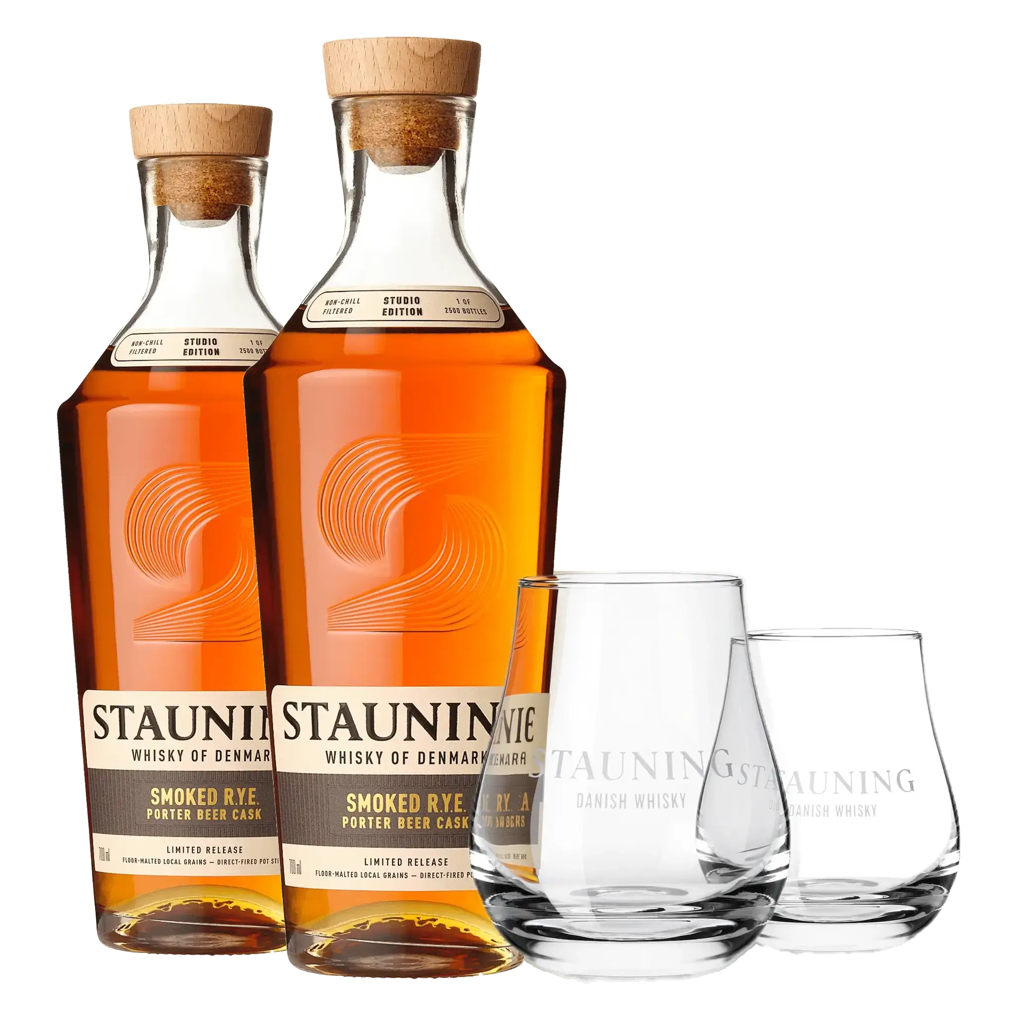 2 fl. Stauning Smoked R.Y.E. Porter Beer Cask + 2 stk. Stauning Whiskyglas