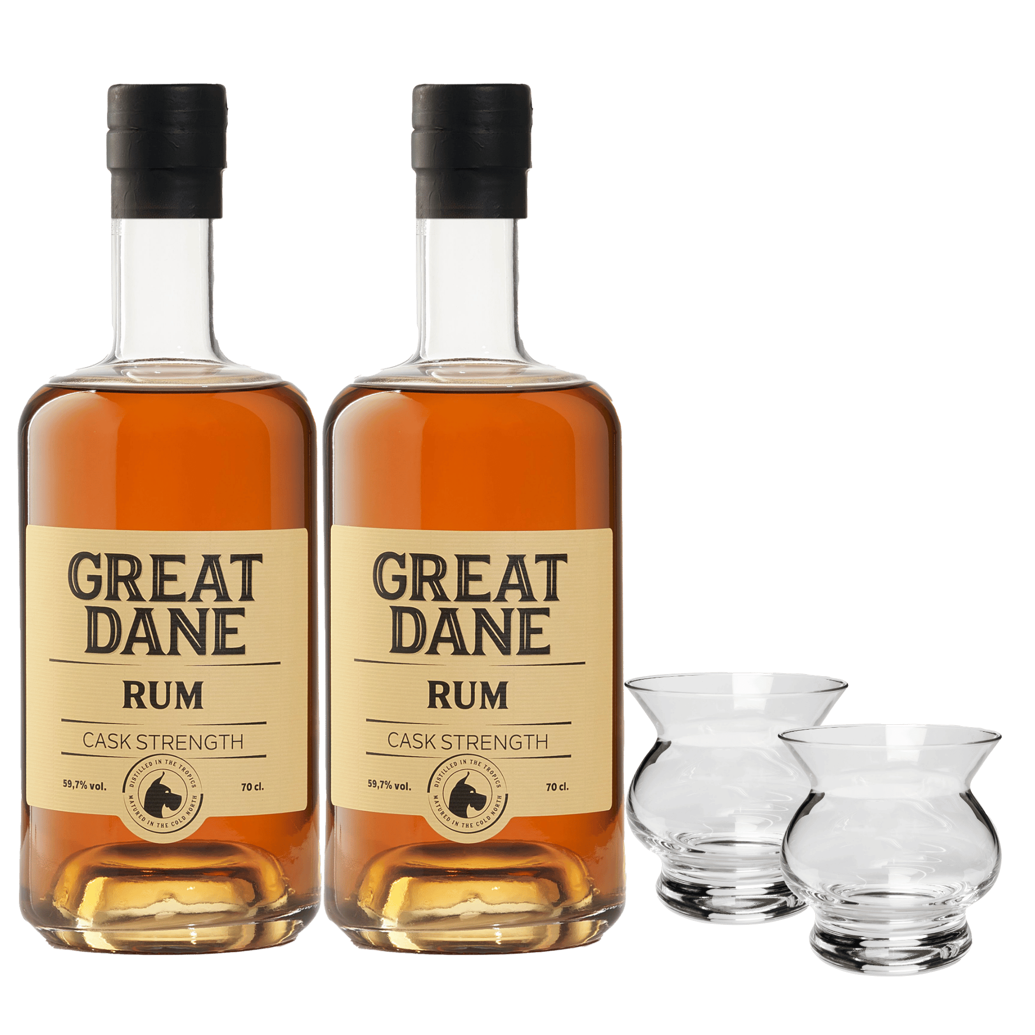 Oplev ægte dansk romkraft – Great Dane Cask Strength Rum Pakke med NEAT glas