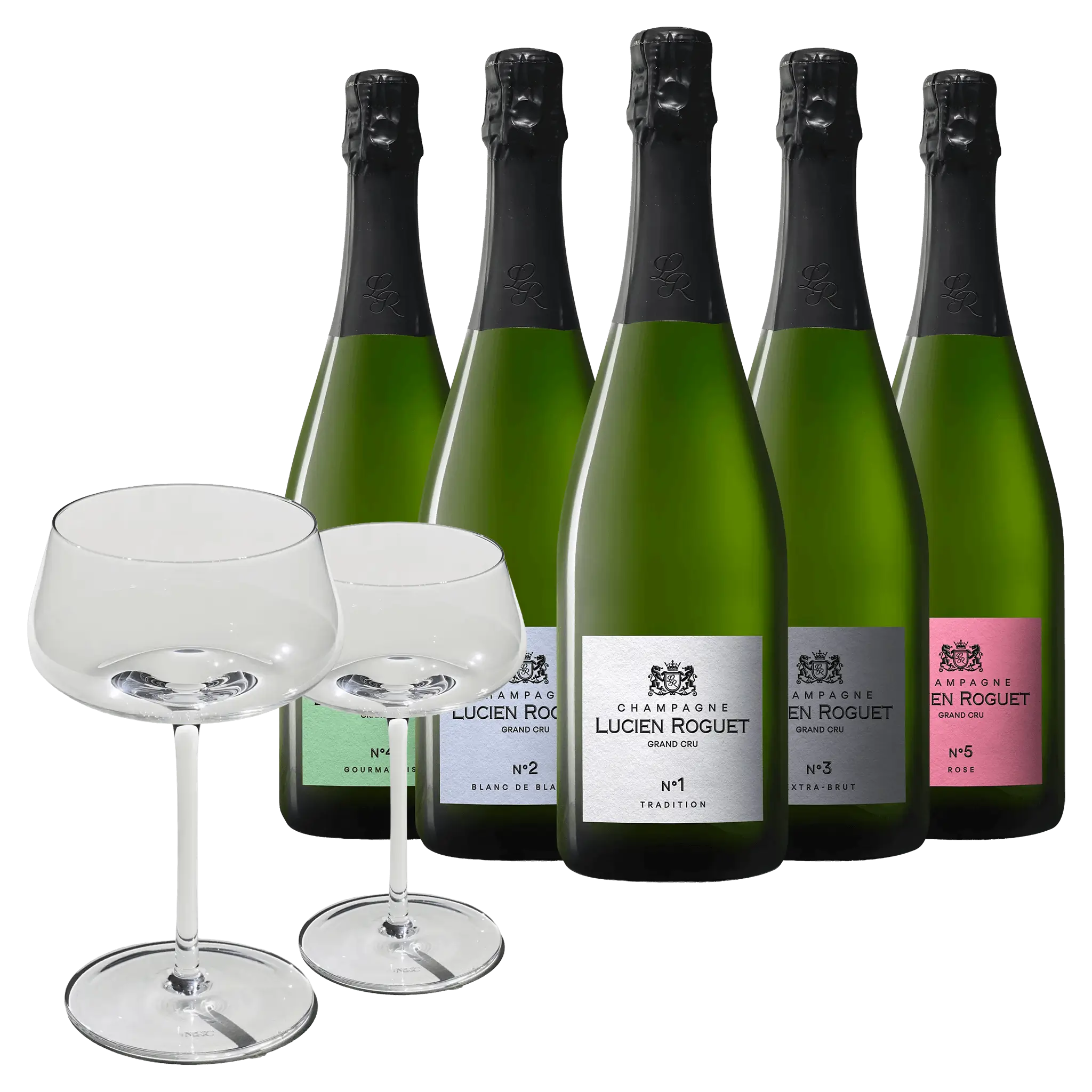 5 fl. Lucien Roguet Champagne + 2 stk. Beyond Bubbly Coupe Glas