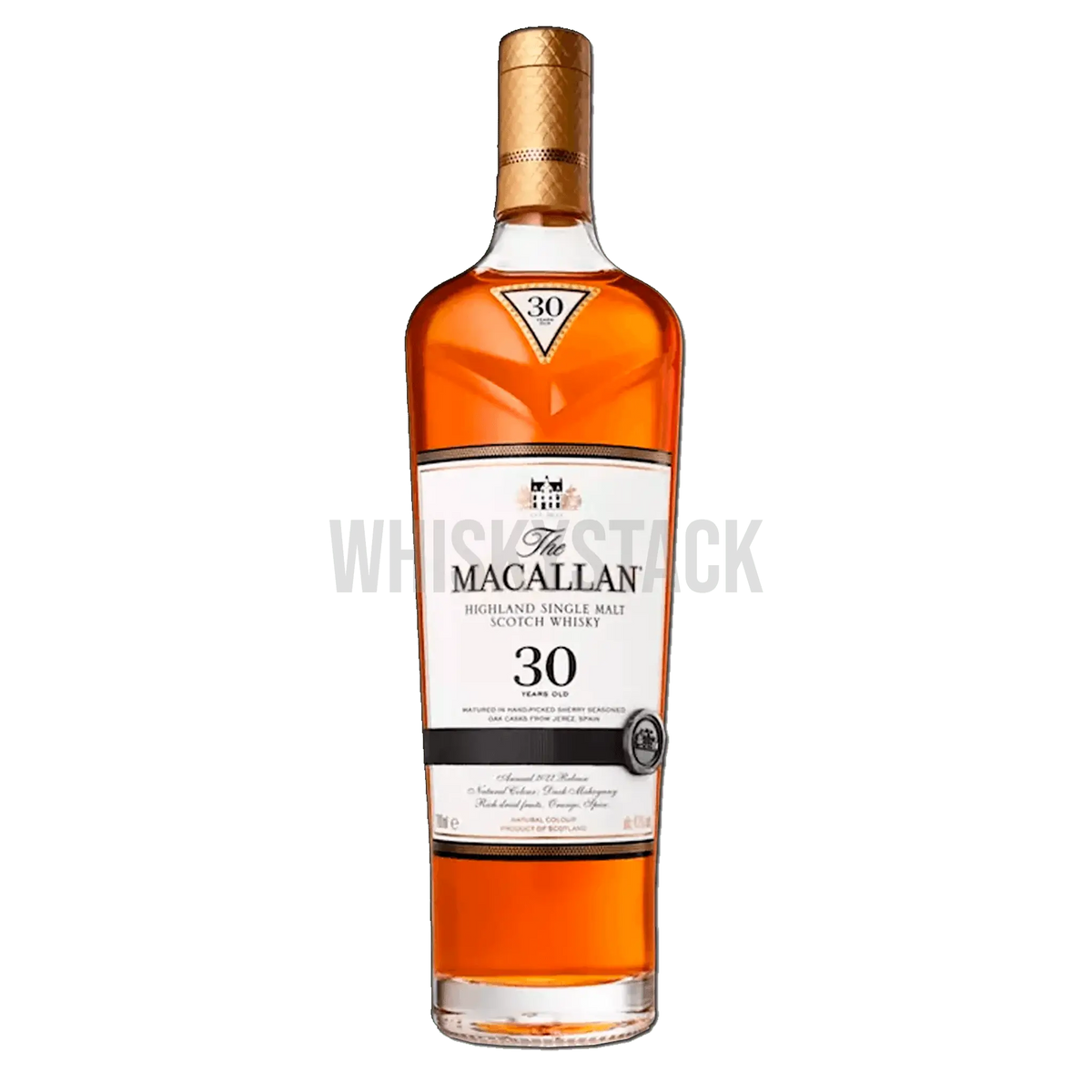 Flaske af The Macallan Sherry Oak 30 Years Old præsenteret med sin karakteristiske dybe mahognifarve og elegant etiket, symboliserende dens rige og komplekse smagsprofil modnet i sherryfade