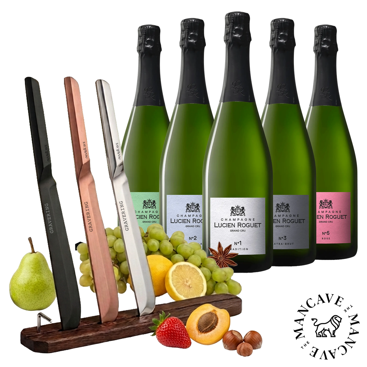 Lucien Roguet Grand Cru Champagne-provningspaket (5 fl.) + GRATIS Royal Champagnesabel