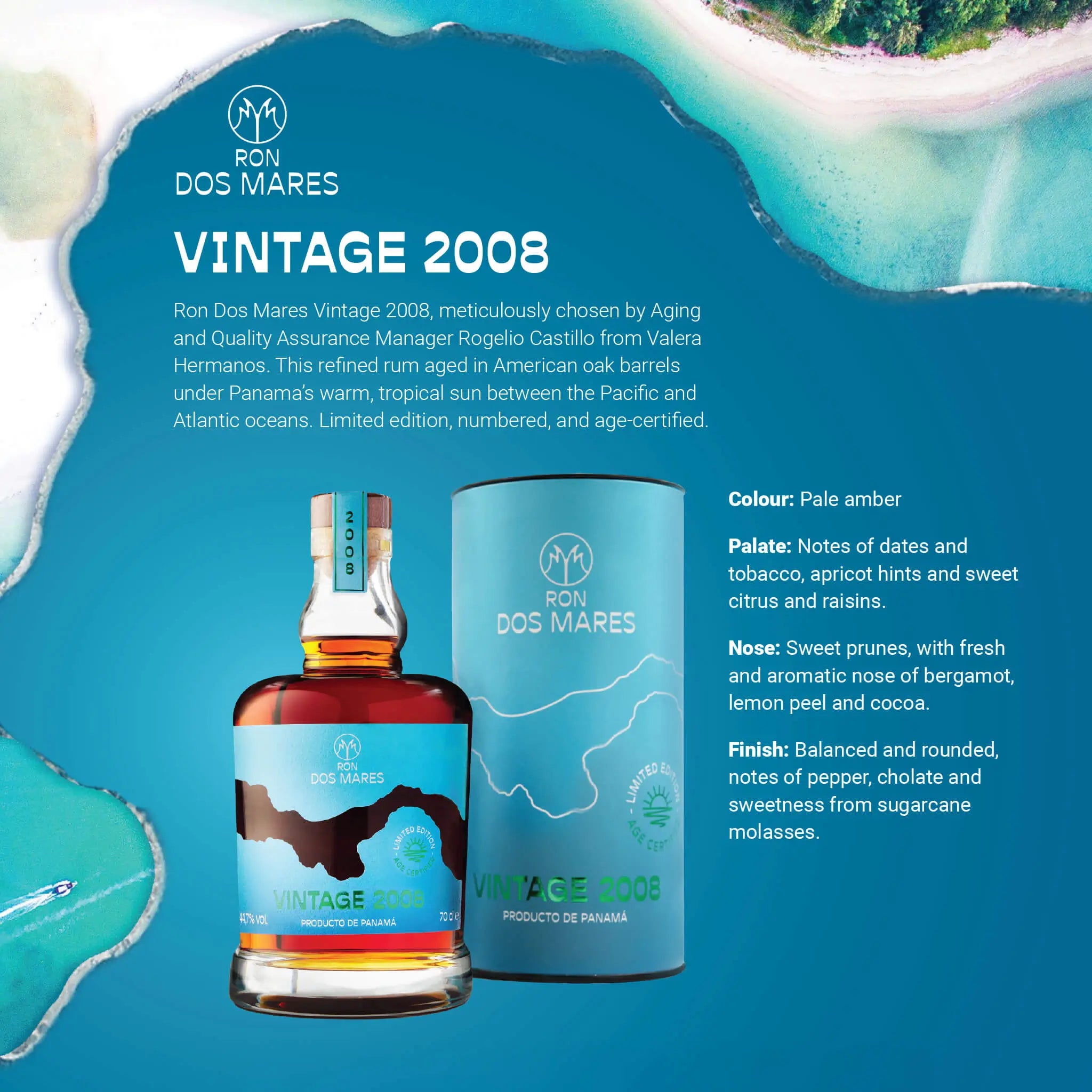 Ron Dos Mares Vintage 2008 Vintage  Limited Edition 16 År Panama Rom Specs