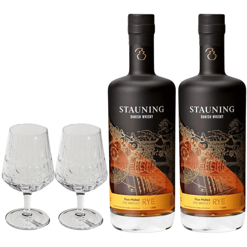 2 flasker Stauning Rye + 2 The Bullet Whiskyglas fra The Mancave