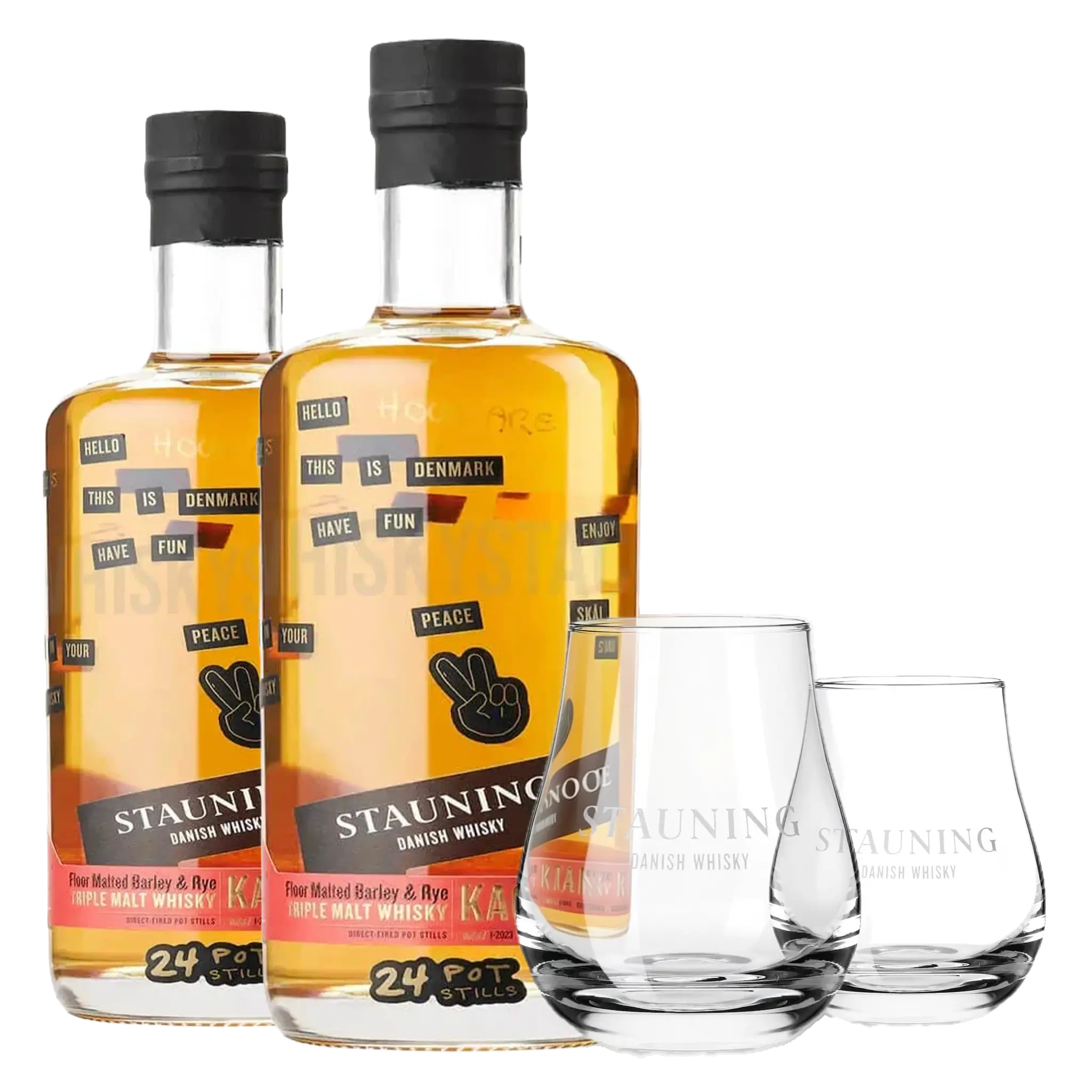 2 fl. Stauning KAOS Design Edition + 2 stk. Stauning Whiskyglas