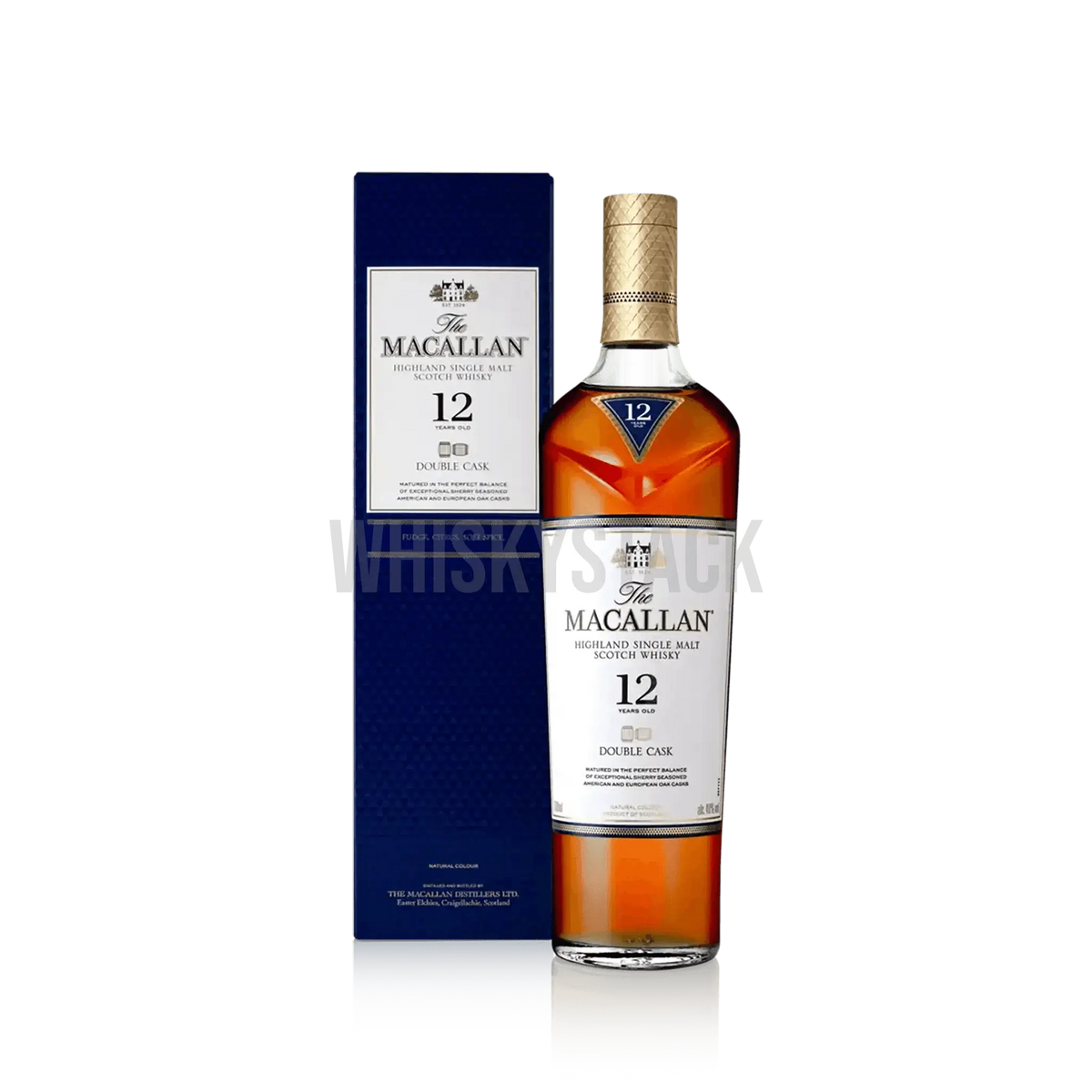Macallan 12 Years Old Double Cask Whiskyflaske, en premium single malt lagret på både europæiske og amerikanske egetræsfade, der giver noter af honning, citrus og tørret frugt.