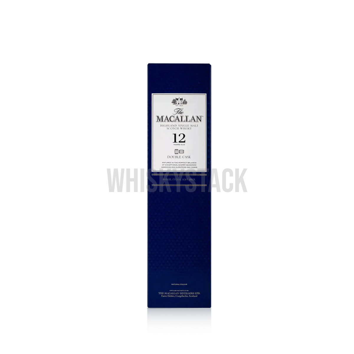 Macallan 12 Years Old Double Cask Whiskyflaske, en premium single malt lagret på både europæiske og amerikanske egetræsfade, der giver noter af honning, citrus og tørret frugt.